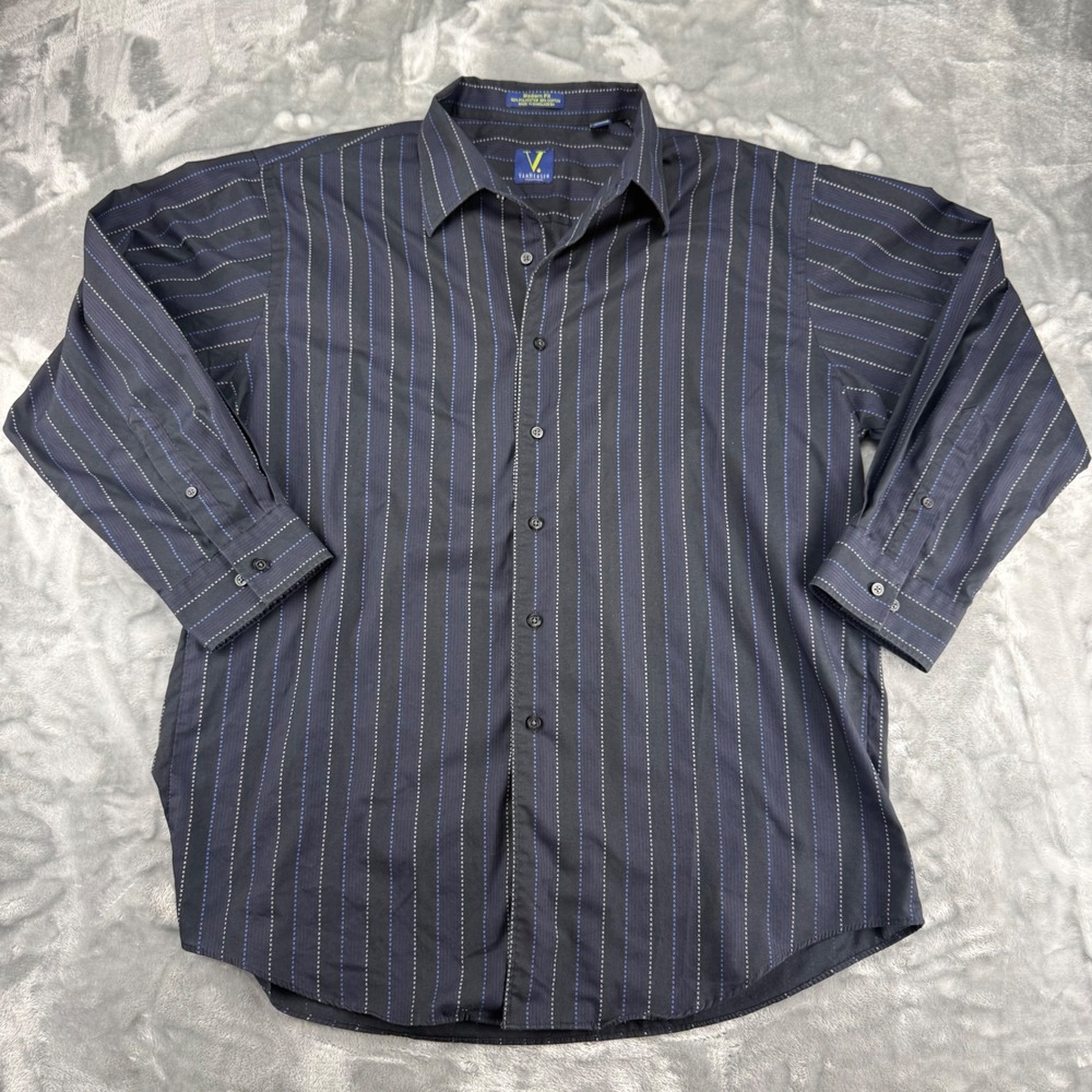 Van Heusen Mens XL Modern Fit Button Shirt Black Blue Striped Long Sleeve Y2K